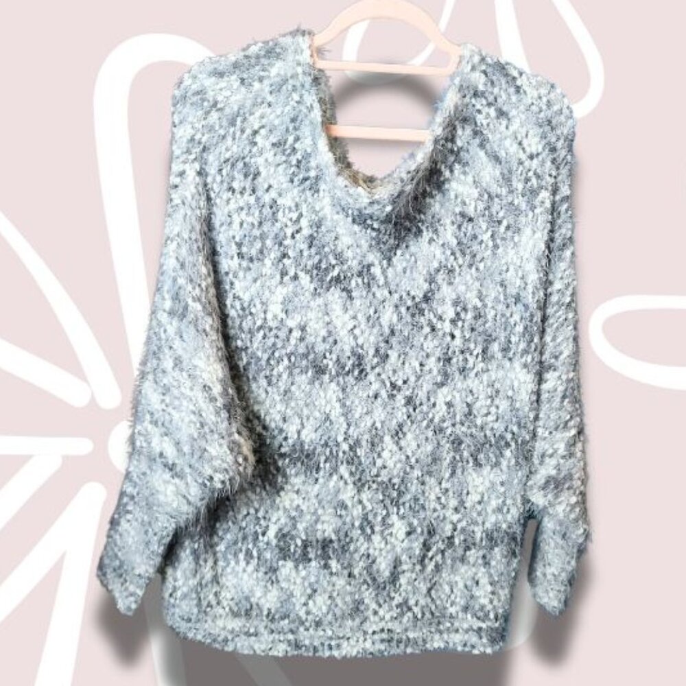12.$7-S/M-LOVESTITCH Sherpa Sweater Greys/Wht/Blue Fuzzy/Thick w/ Cowl Neck